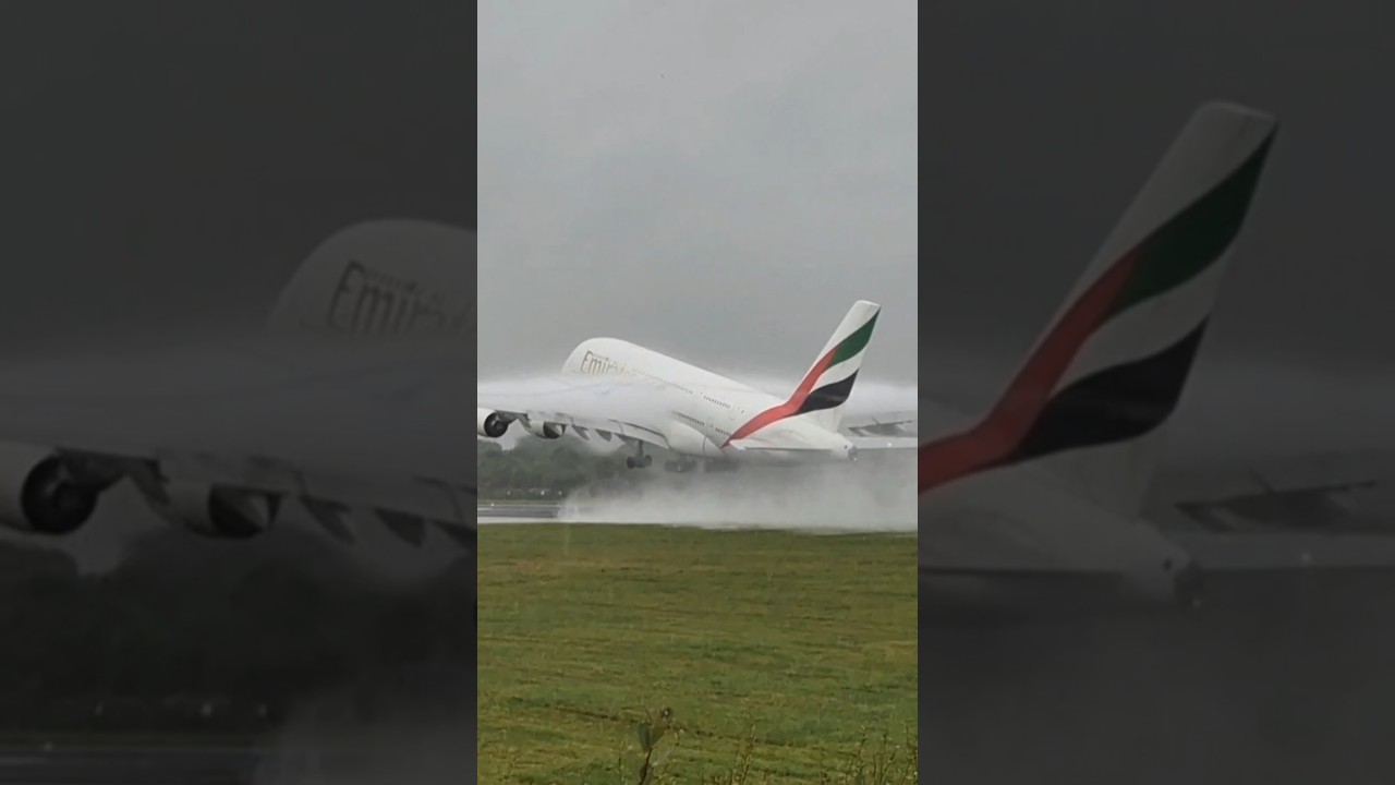 Spectacular Emirates A380 Takes Off in Heavy Rainstorm 🌧️