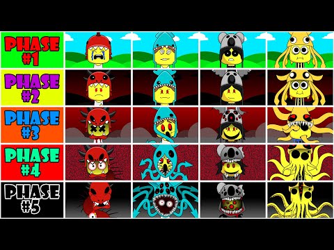 My Sprunki OC: DINO KID, KRAKEN KID, KOALA KID, SQUID KID (Phase 1 to Phase 5 from 99 Nights Forest)