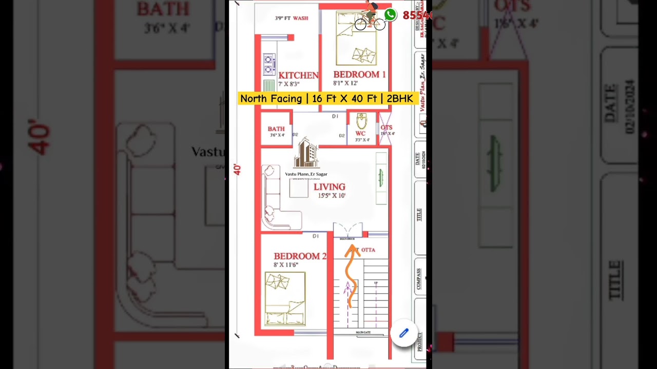 North-Facing 2BHK House Plan 16x40 ft π‘