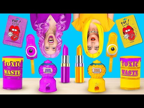 CUMA MAKAN MAKANAN SATU WARNA SELAMA 24 JAM! Makanan UNGU VS KUNING oleh 123 GO! FOOD