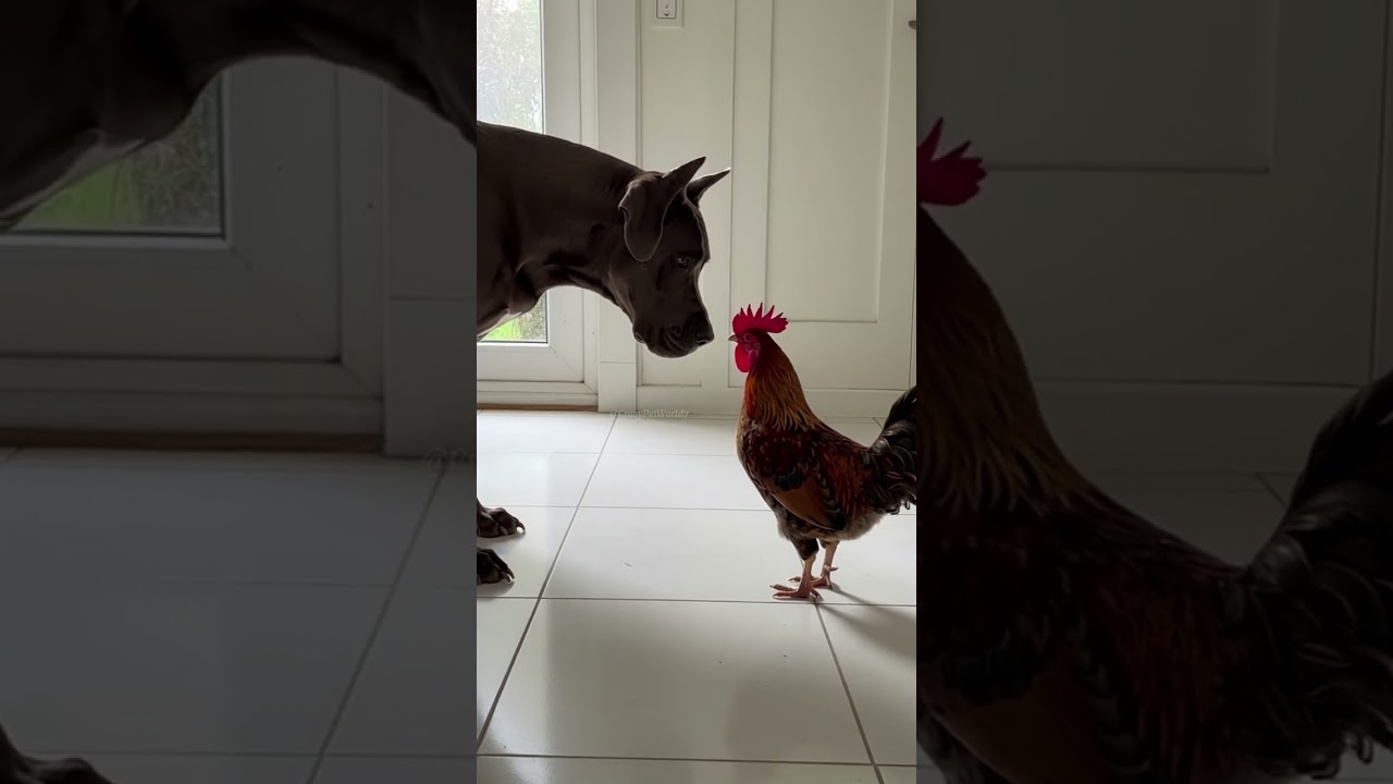 Great Dane Dominates Rooster at Home 🐶