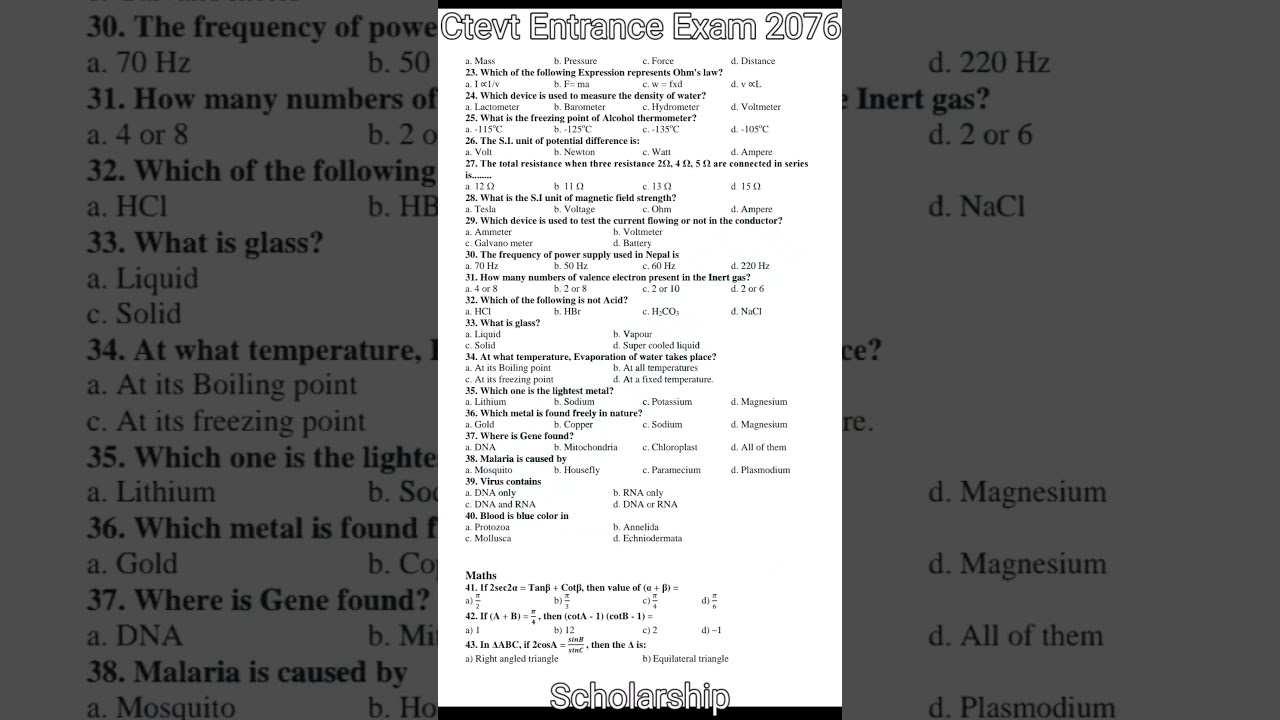 Ctevt Entrance examination 2076 for scholarship students || ctevt diploma entrance exam mcq question
