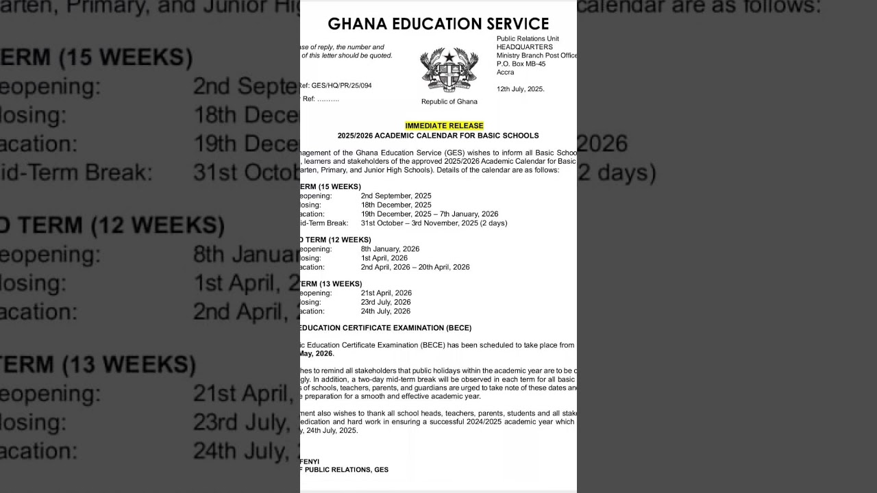 2025/26 GES Academic Calendar & BECE 2026 Schedule 📅