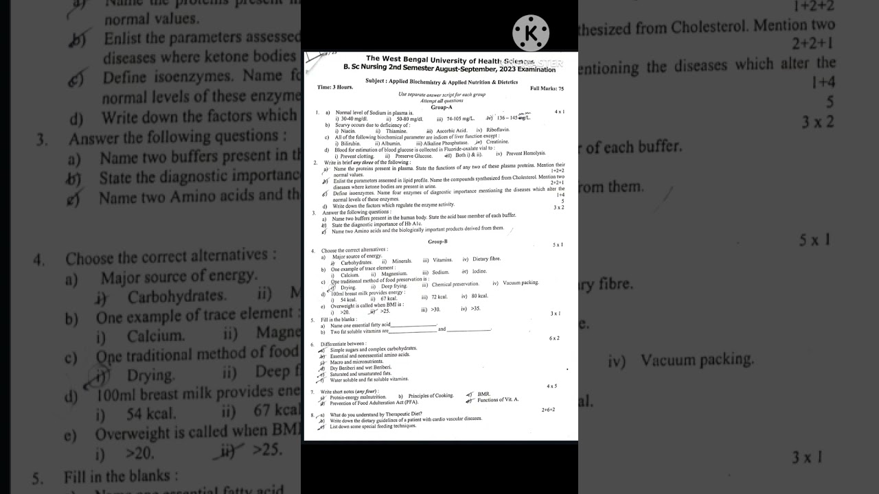 BSc Nursing 2nd Semester Nutrition & Biochemistry 2023 Question Paper 📝