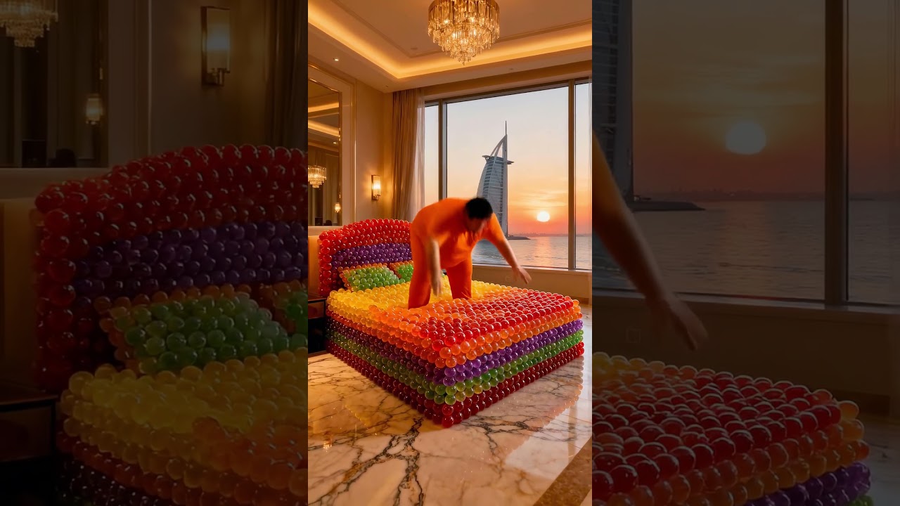 Fan de Bonbons Saute sur un Lit Arc-en-Ciel à Dubaï 🍬