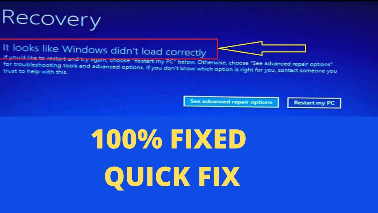 RECOVERY- How to Fix It Looks Like Windows Didn't Load Correctly on windows 10 ||  Blue screen error
