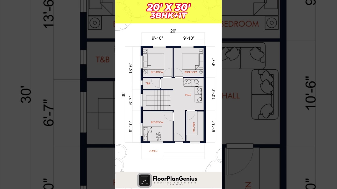 20x30 3-Bedroom House Plan 🏡