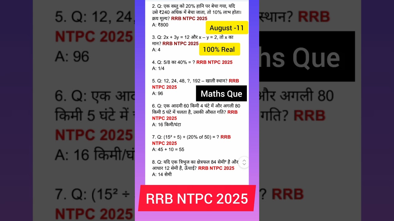 RRB NTPC 11 August Shift-wise Questions ๐