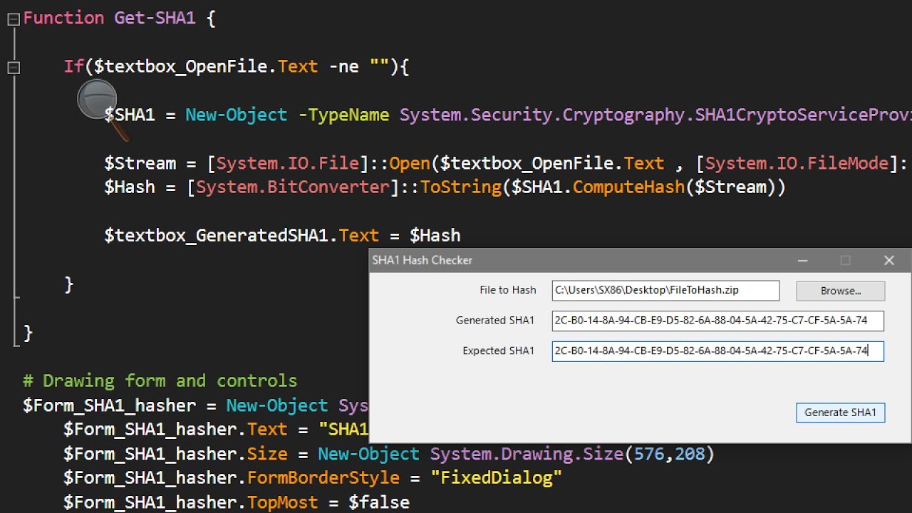 PowerShell Windows Forms Tutorial 3 : SHA1 Hash Checker