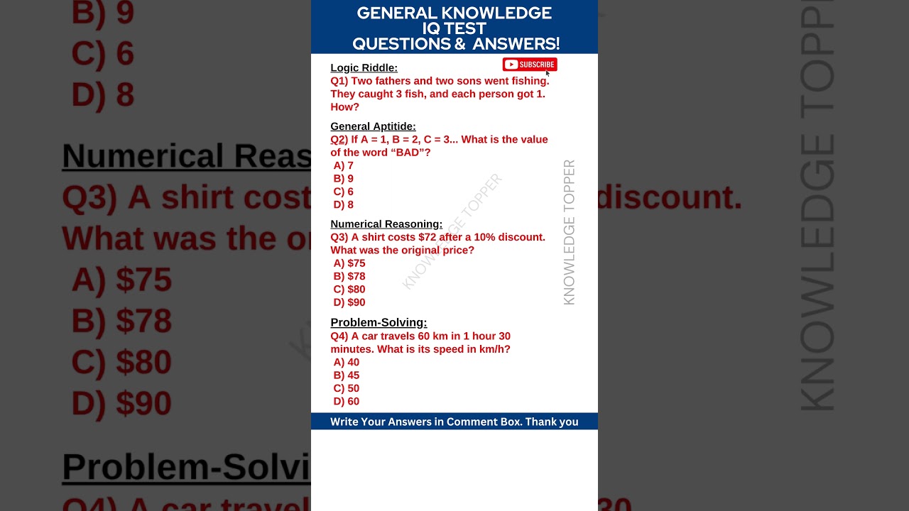 4 IQ Aptitude TEST General Knowledge Questions and Answers Quiz