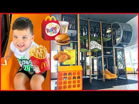 Family Fun at Mcdonald's Indoor Playground!  Caleb & Mommy Open Happy Meals Surprise Toys!
