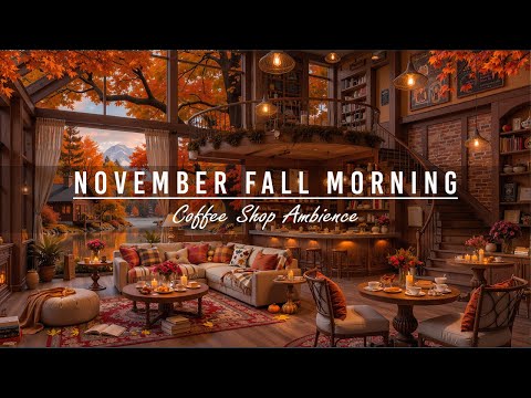 November Fall Morning at Cozy Coffee Shop Ambience 🍂 Soft Jazz Instrumental Music for Stress Relief