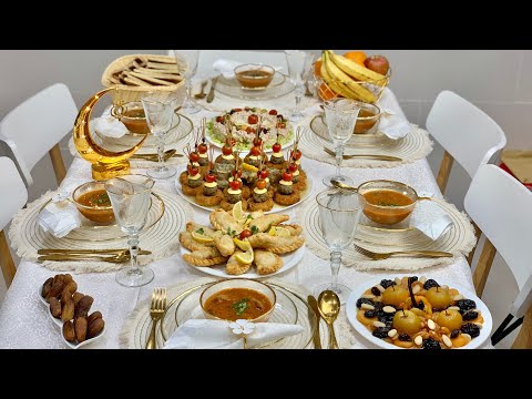 طاولة أول يوم رمضان 🌙🌙شربة،طاجين الدونات العصري ،السمبوسة المقرمشة ،طاجين لحلو ،سلطة أرز مبتكرة🌙