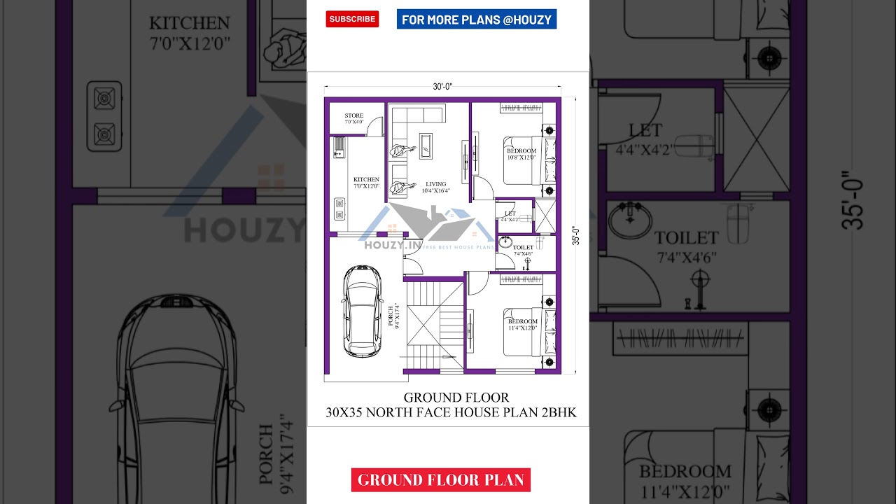30x35 North Facing House Design with Parking π
