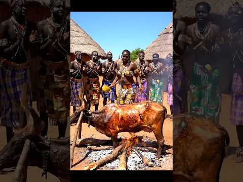 🔥 African Tribal Dance & Cooking | Cow Feast with Traditional Music 🎶🐄🌎 #shorts