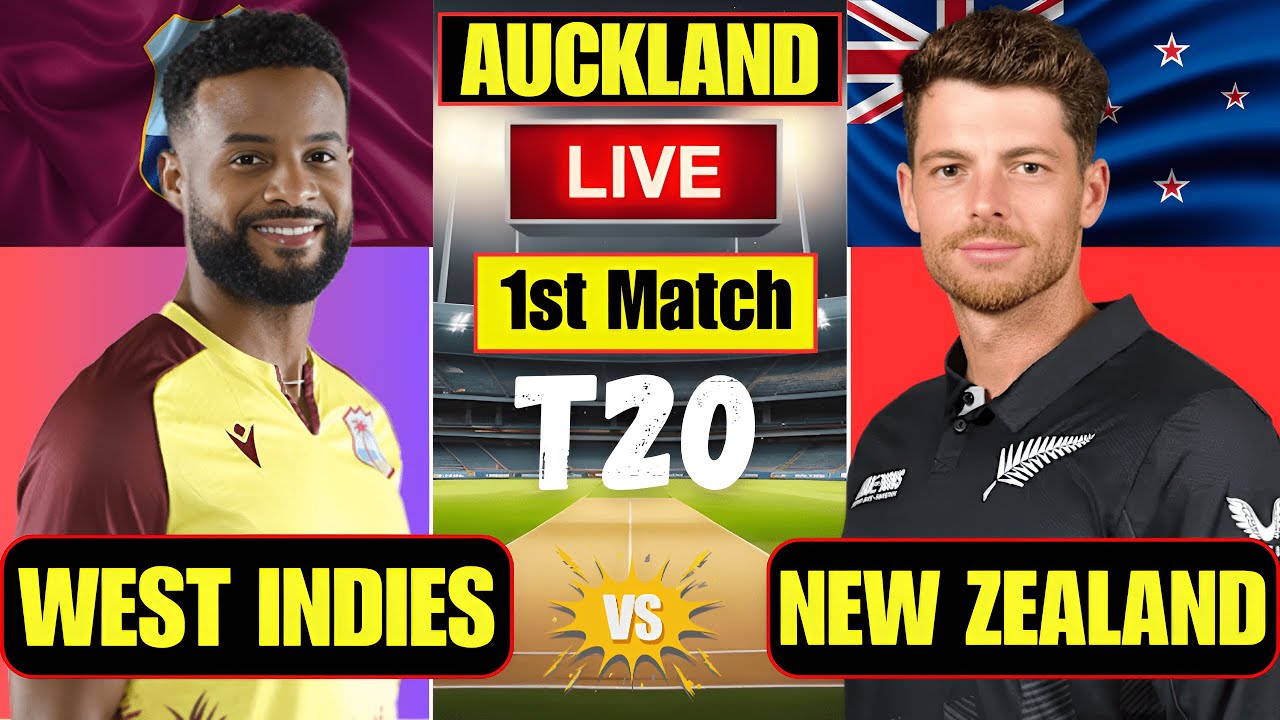 West Indies vs New Zealand 1st T20 Match 2025 | Live Score & Commentary at Eden Park, Auckland