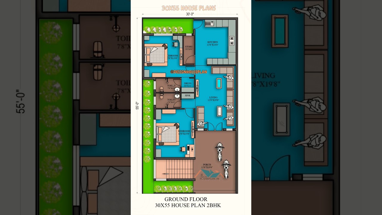 30 Spacious 30x55 3BHK House Plan with Parking ๐