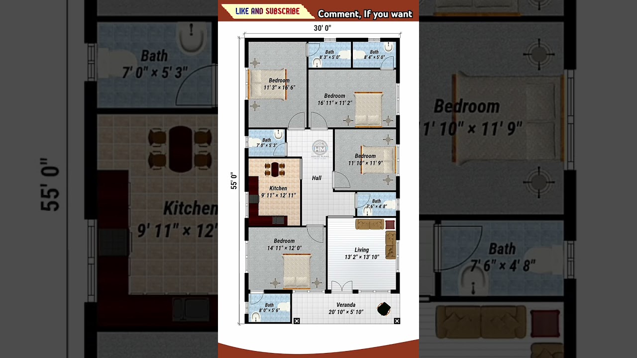 Spacious 4BHK House Plan (30'x55') with 5 Bathrooms 🏠