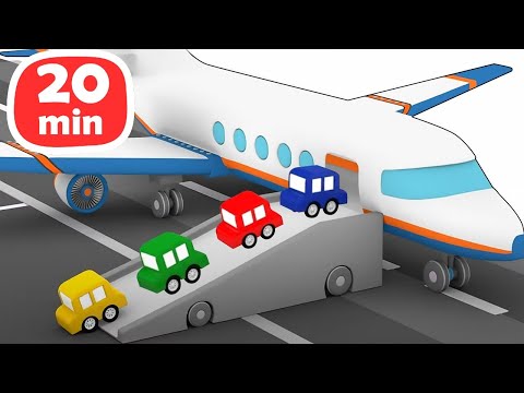 Construction d’un avion et d’autres véhicules. 4 petites voitures. Dessins animés pour petits.