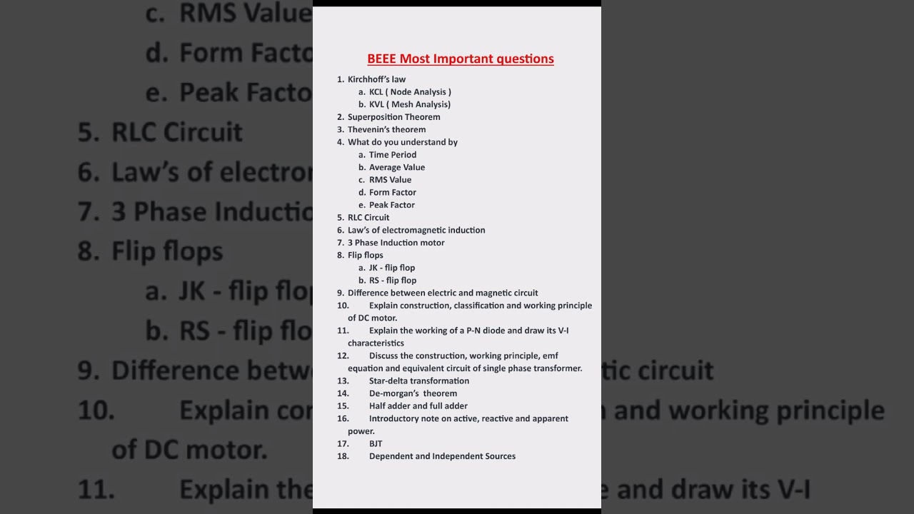 RGPV BEEE Important Questions for Basic Electrical & Electronics Engineering
