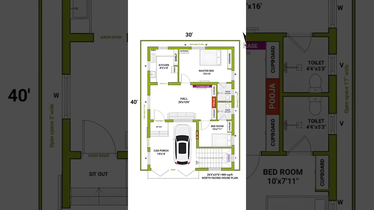 30x40 North-Facing House Plan with Parking 🚗