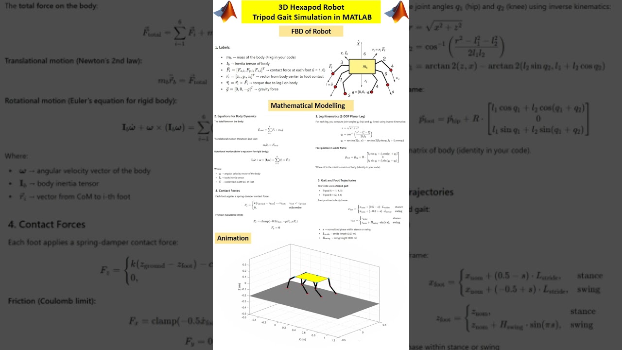 3D Hexapod Robot Tripod Gait Simulation in MATLAB #hexapod #matlab #physics #legged #quadruped