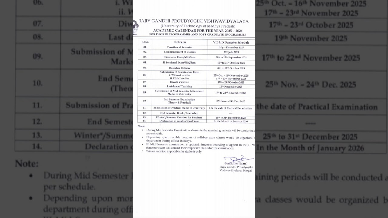 RGPV Academic Calendar 2025 📅