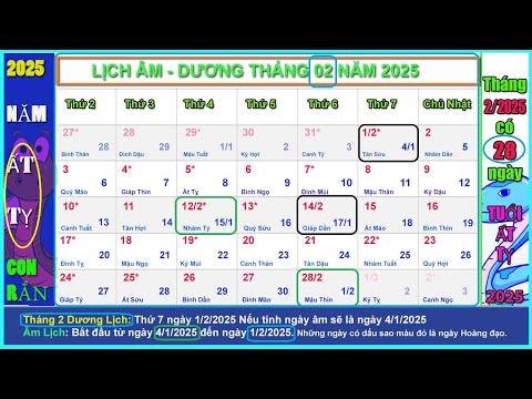 Lịch âm dương tháng 2 năm 2025 - Lịch vạn niên tháng 2/2025, Tuổi Ất Tỵ