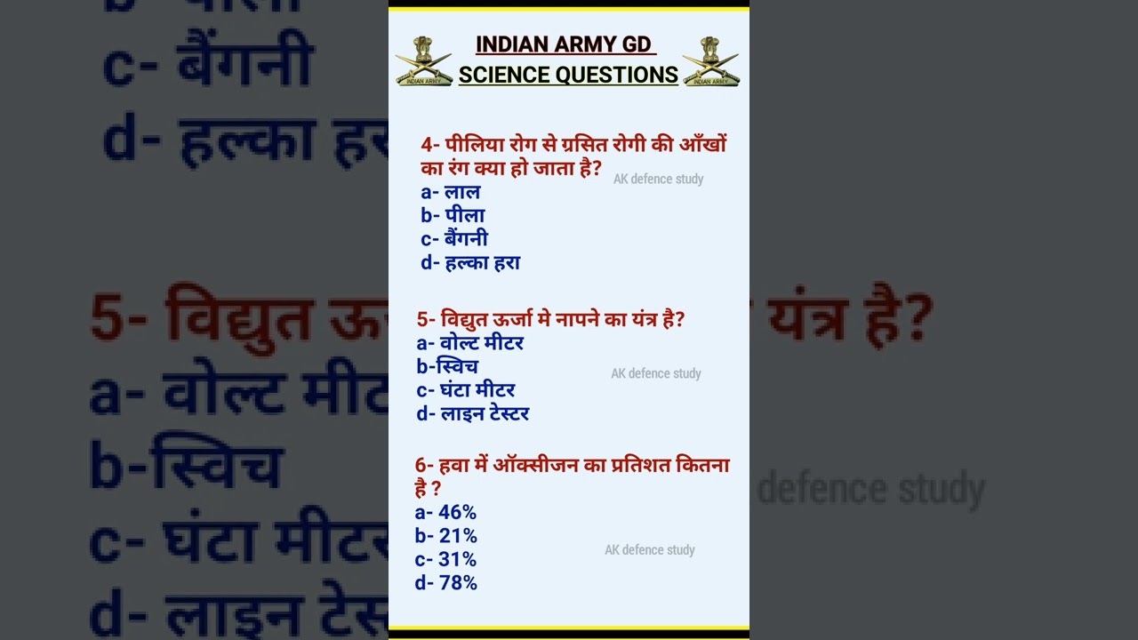 Indian Army GD Science Questions 📚