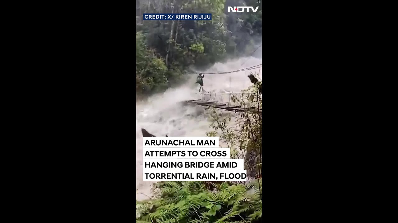Arunachal Floods: Man Crosses Hanging Bridge in Heavy Rain 🌧️