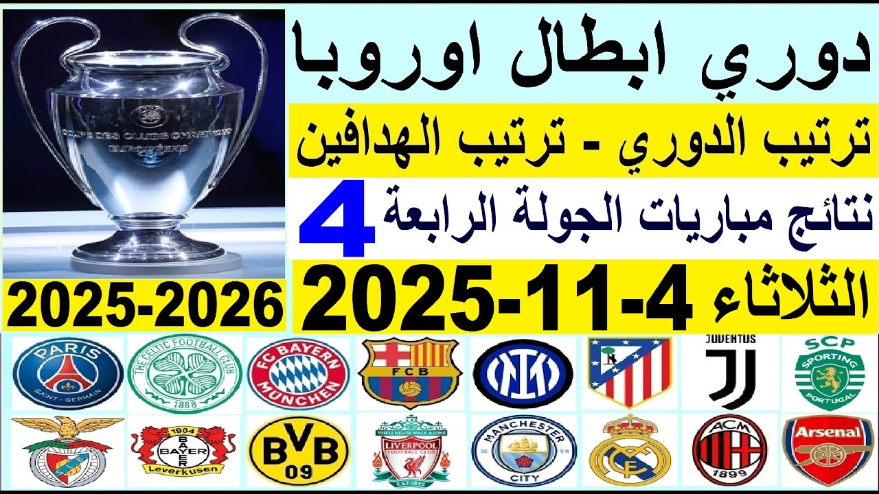 ترتيب دوري أبطال أوروبا بعد مباريات 4 نوفمبر 2025