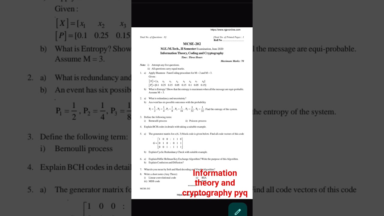 Top MTech CSE RGPV Bhopal PyQ on Information Theory & Cryptography π