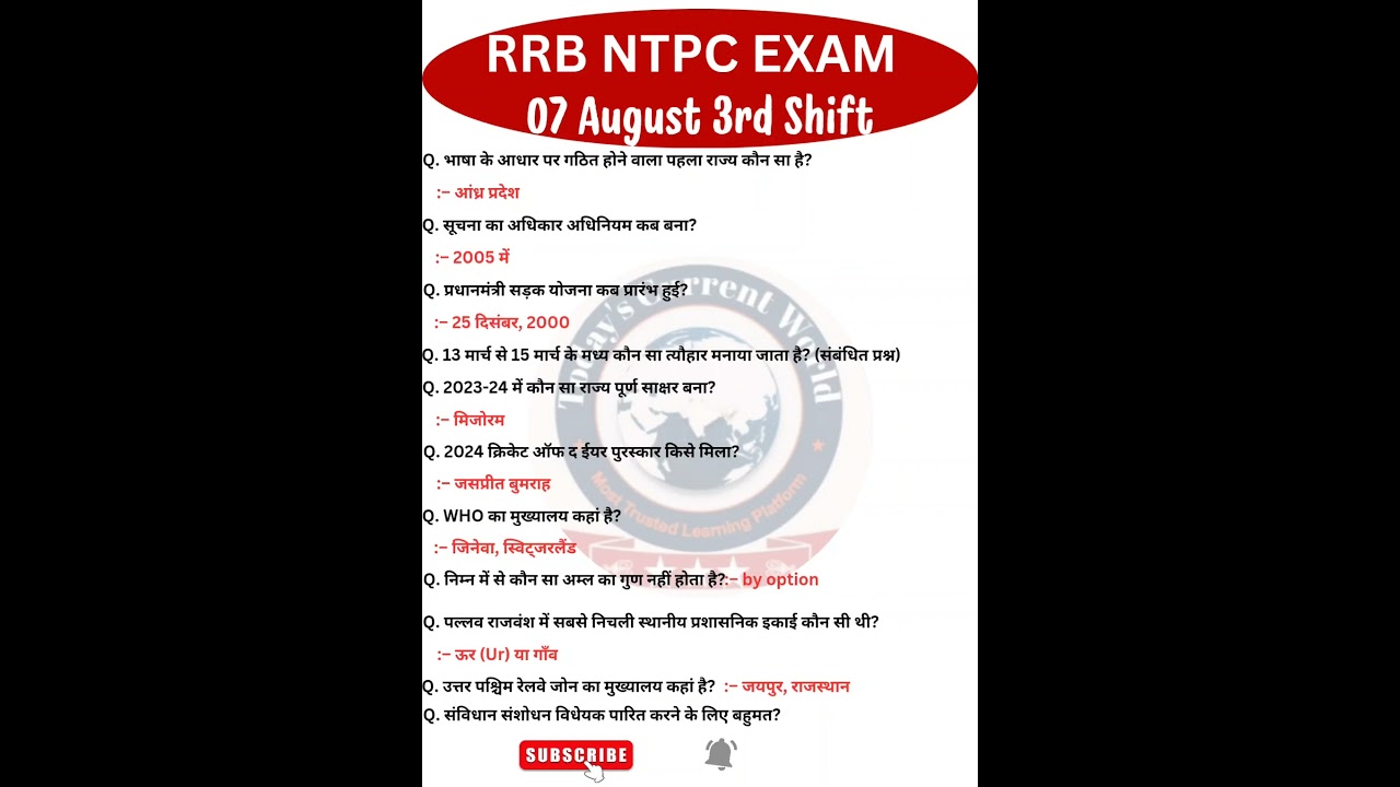 RRB NTPC Exam Analysis 2025 | 7 Aug 3rd Shift π