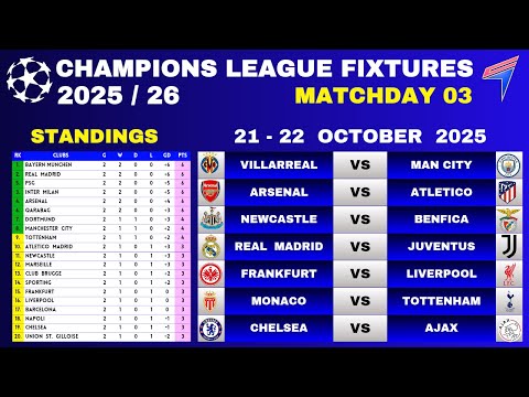 UCL FIXTURES TODAY - Matchday 3 • UCL Table Standings Today • Champions League Fixtures 25/26