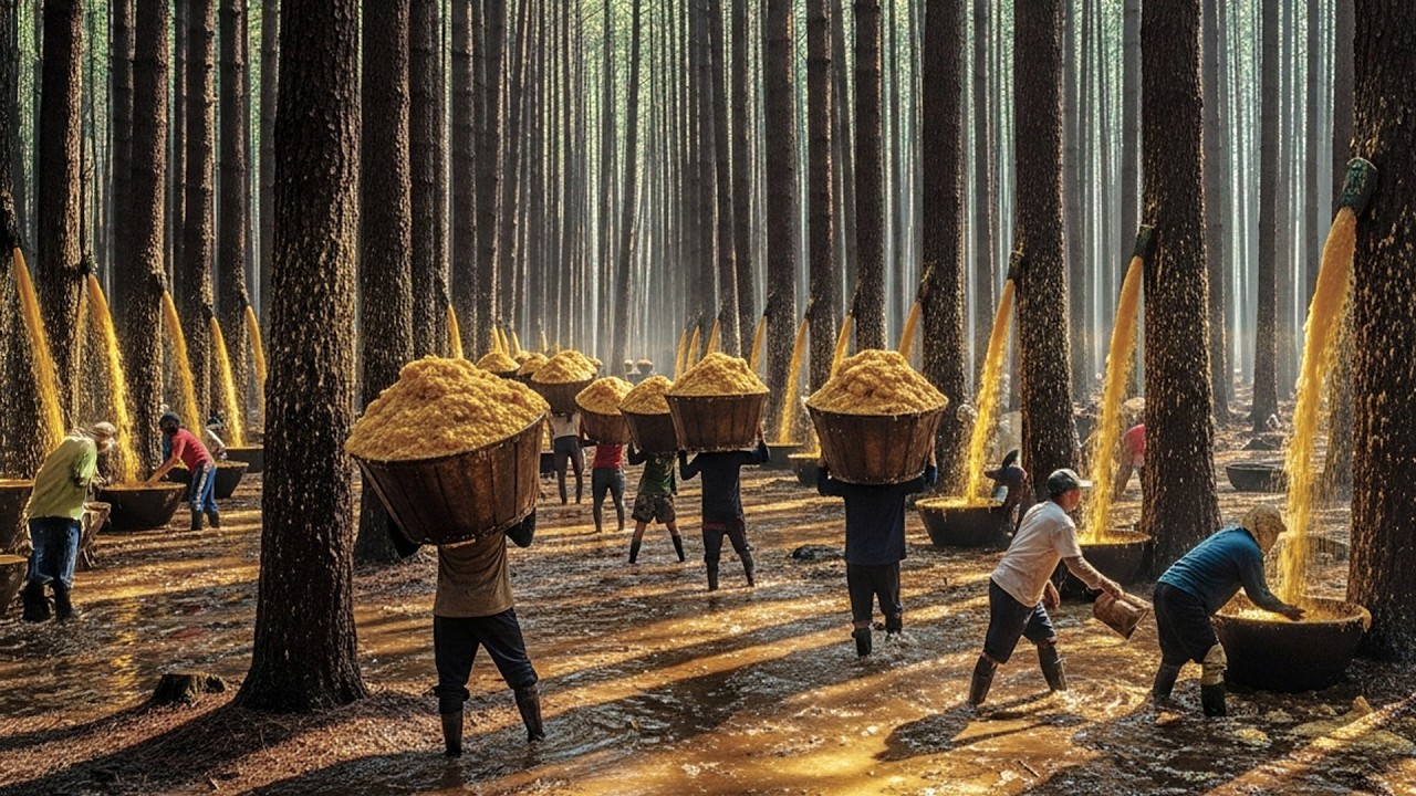 Large-Scale Pine Resin Harvesting & Processing 🌲