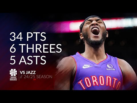 Immanuel Quickley 34 pts 6 threes 5 asts vs Jazz 24/25 season