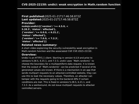 undici: weak encryption in Math.random function (CVE-2025-22150)