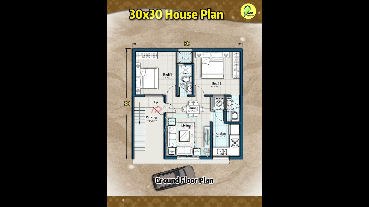 30×30 house plan, East Facing, 2BHK with car parking, 30*30 house design, #indianstyle  #floorplan