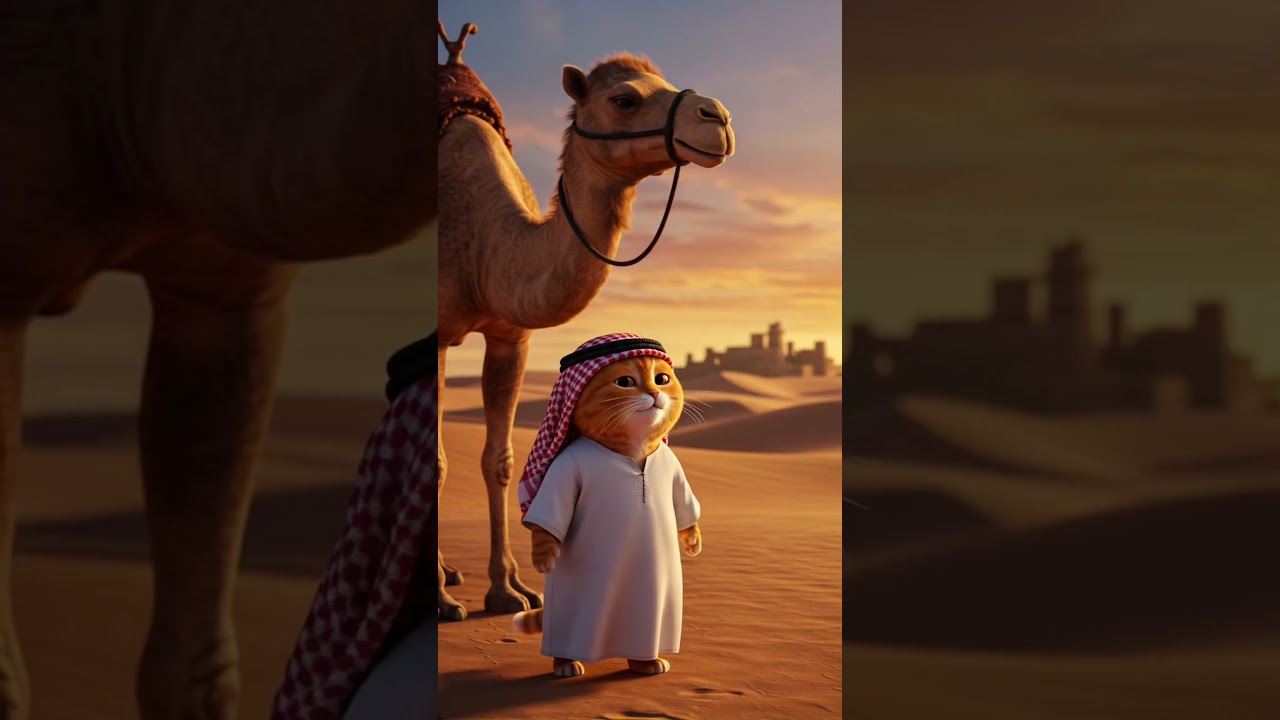 Funny AI Animation: Stylish Cat Explores the Arab World in Traditional Att attire 🌴
