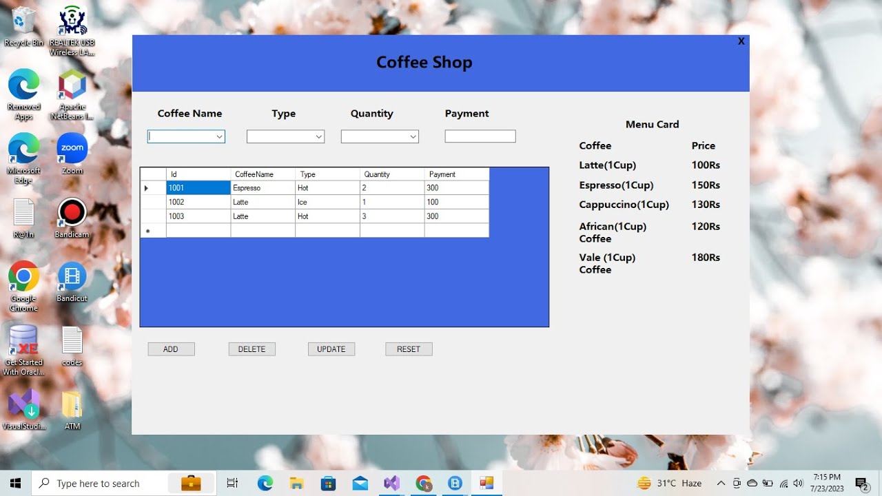 Coffee Shop Management System Using C# in Visual Studio 2022