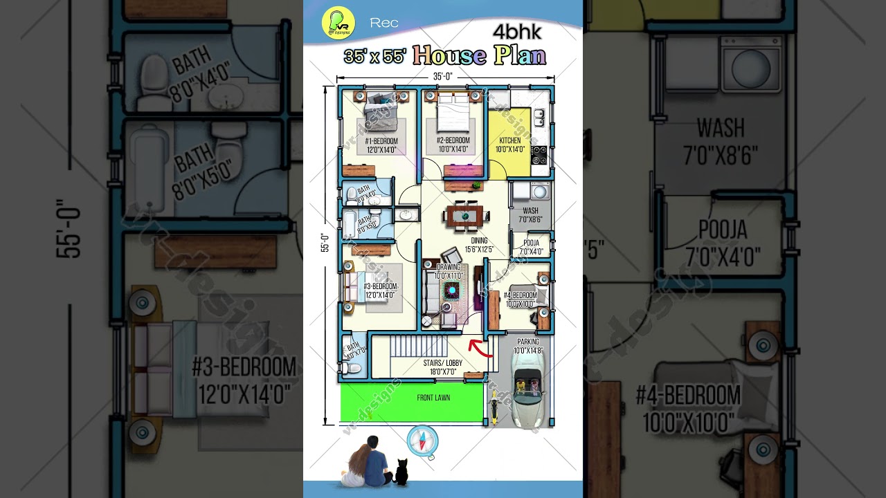 35x55 House Plan with 4BHK & Parking 🚗