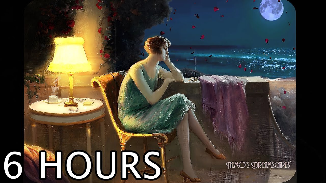 1930s Ocean Terrace Evening with Calming Waves and Oldies Music - 6 Hours ASMR