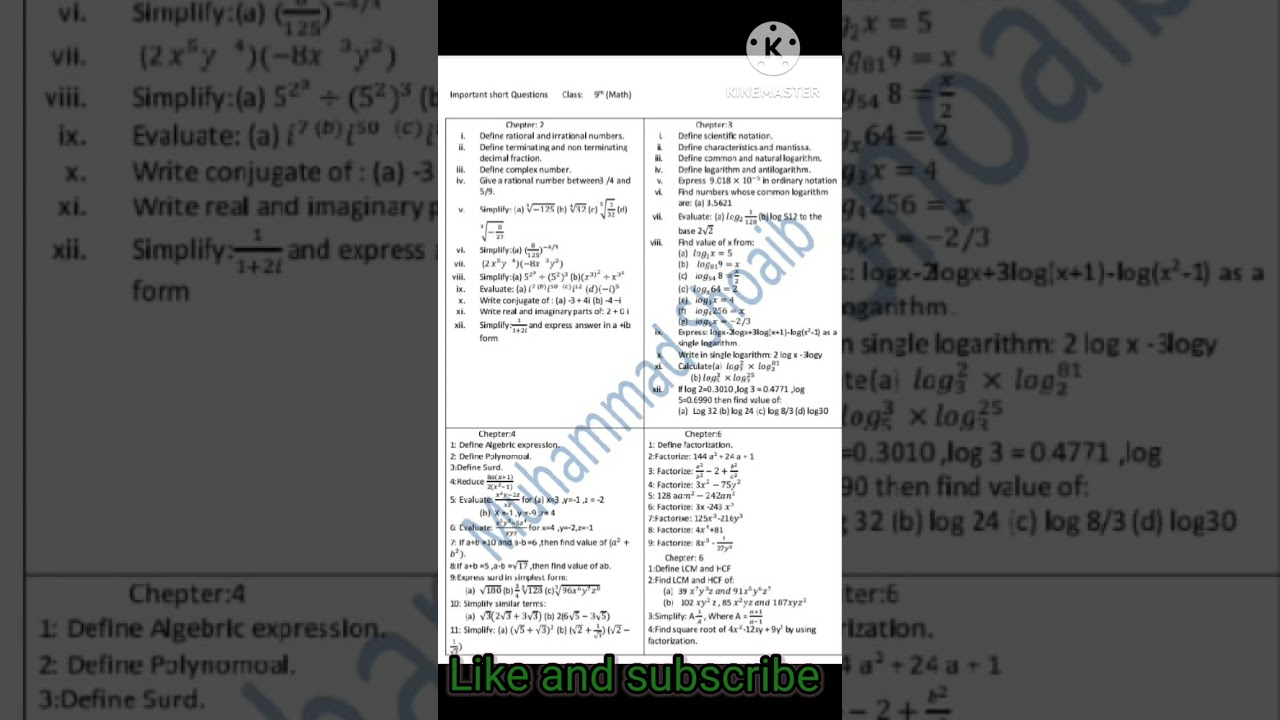 Important Questions and Definitions for 9th Class Maths