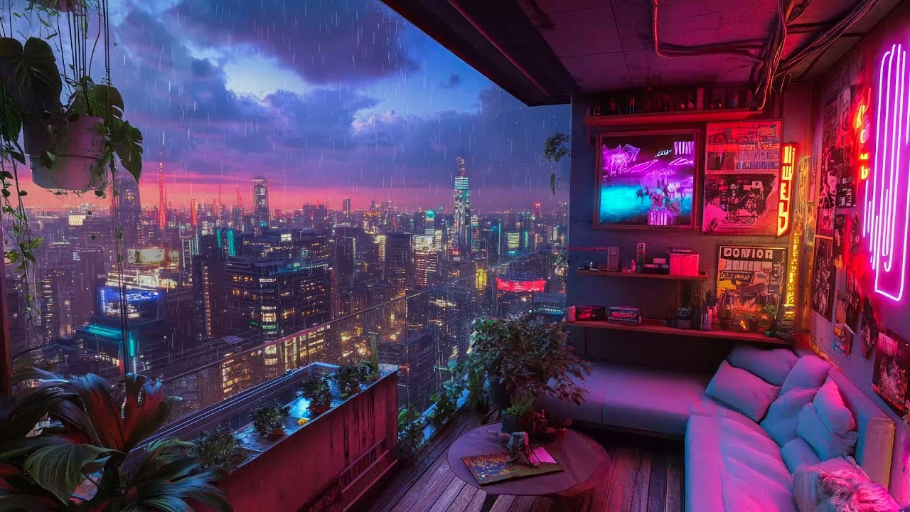 Relax with 1990s Lofi City ☔ Cozy Balcony & Rain Sounds Playlist