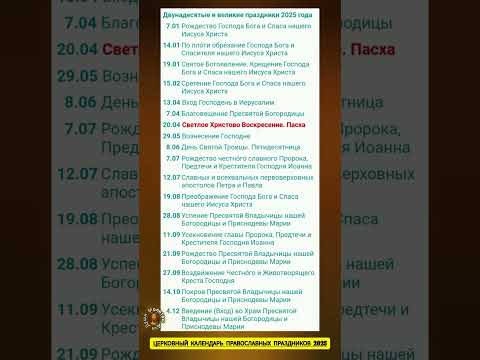Новый церковный календарь православных Великих праздников, постов, суббот в 2025 г с точными датами