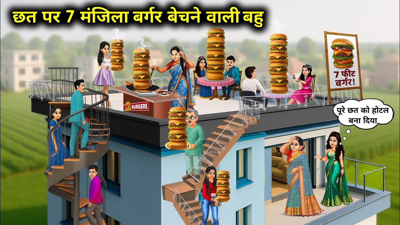 "छत पर 7 मंजिला बर्गर बेचने वाली बहु || Daughter In Law Selling A 7 Story Burger On The Roof"