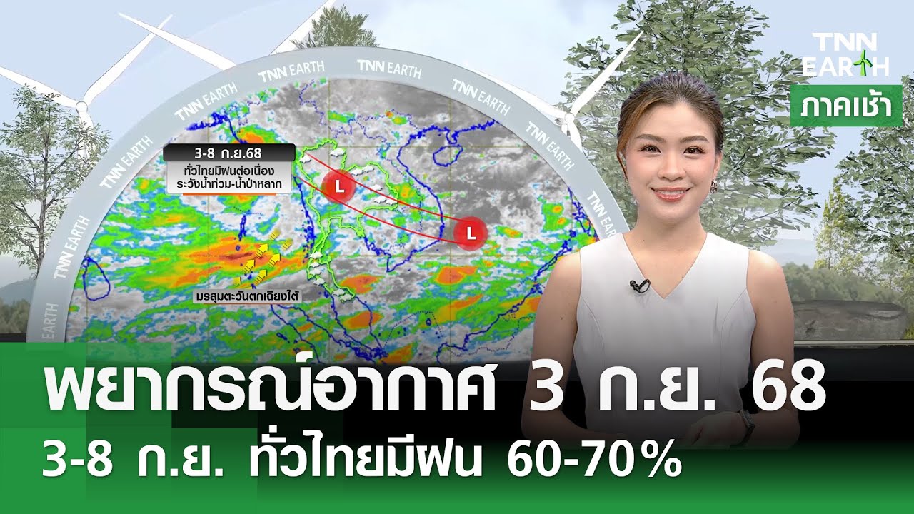 พยากรณ์อากาศไทย 3-8 ก.ย. 68 ฝนตกต่อเนื่อง 60-70% ☔️