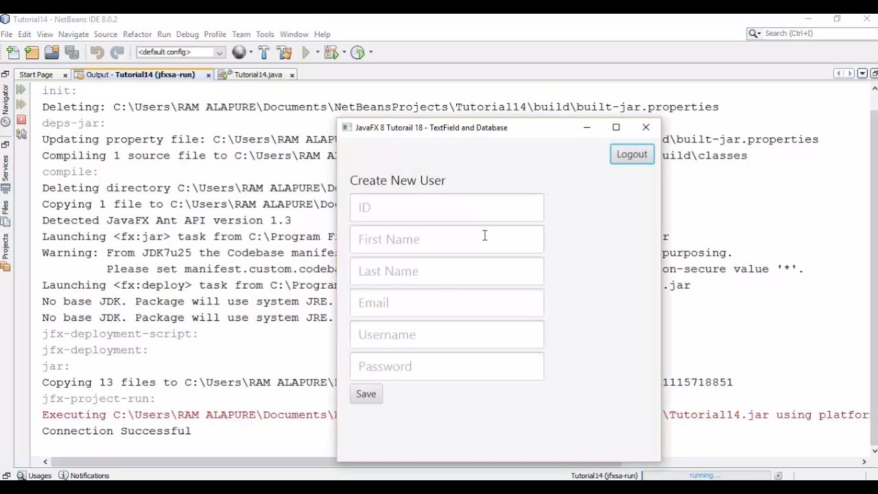 JavaFX 8: Save TextFields to Database & Create Users