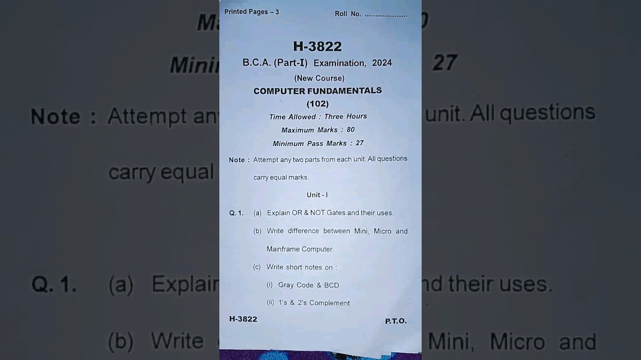 BCA-1 Computer Fundamentals Question Paper 2024 ๐