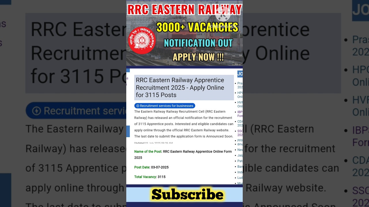 RRC Eastern Railway Apprentice Recruitment 2025 for 3115 Posts #governmentjobs #rrc